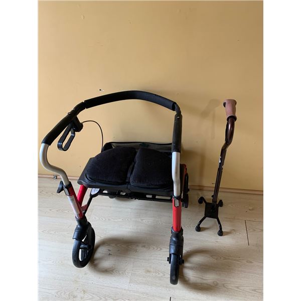 Red Walker with Seat and Storage and Hugo Quad Cane