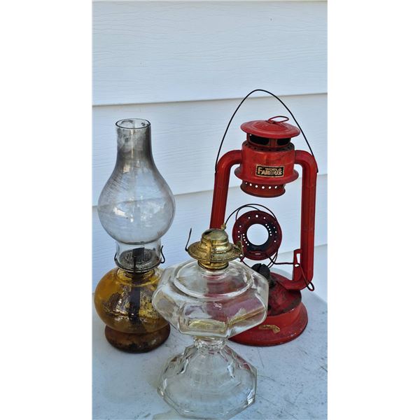 Oil Lanterns and Lamp Group Featuring Vintage Red Hurricane Lamp