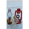 Image 1 : Oil Lanterns and Lamp Group Featuring Vintage Red Hurricane Lamp