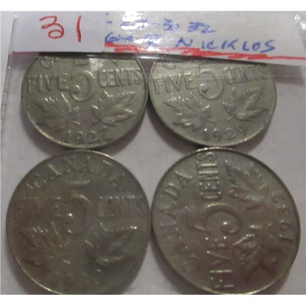 1927, 1929, 1930 & 1932 CANADA KING GEORGE V NICKELS