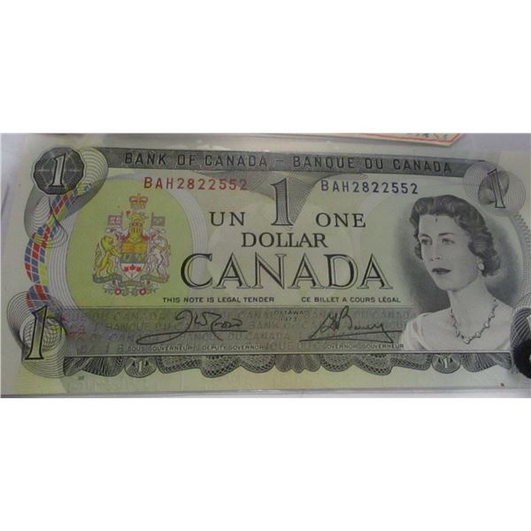 1973 CRISP UNCIRCULATED POKER HAND SERIAL NUMBER CANADA $1 BILL