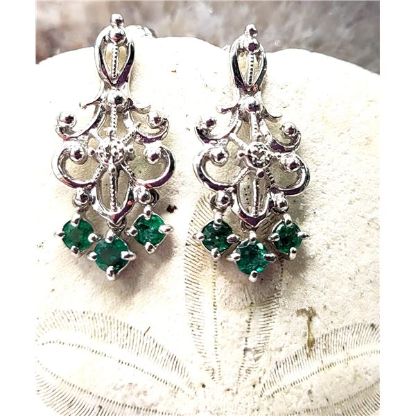 14K White Gold Emerald & Diamond Festoon Earrings