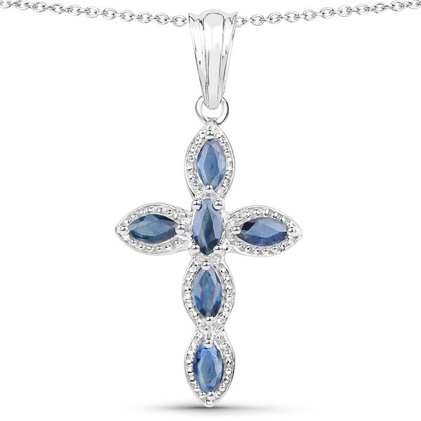 Marquise-Cut Blue Sapphire Cross Necklace .925