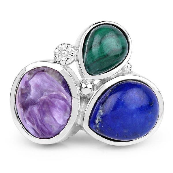 Triad of Color: Malachite, Charoite & Lapis Ring