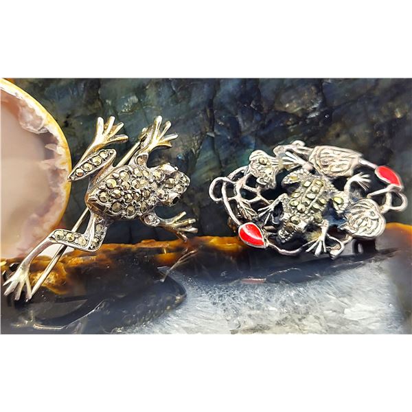 A Pair of Sterling Silver and Marcasite Frog Brooches