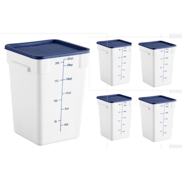 Qty 5 White Buckets w/ Blue Covers