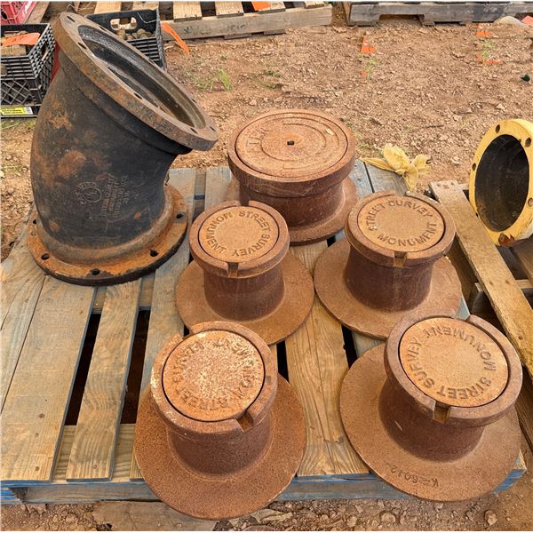 Qty 5 Street Survey Monuments, Misc Sizes & 1 Ductile Iron Pipe Fitting