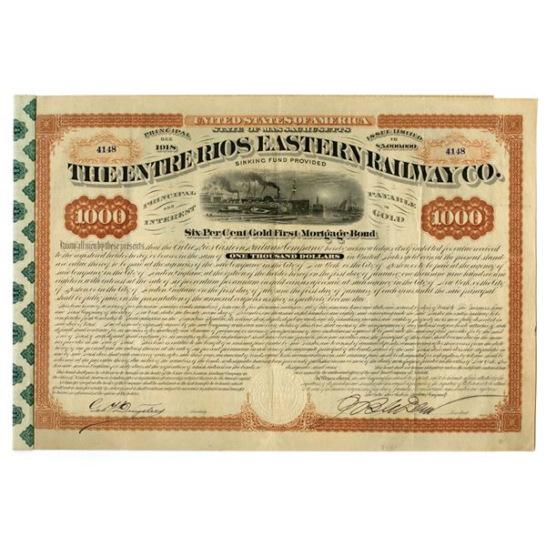 Argentina. Entre Rios Eastern Railway Co., 1881 $1000 I/U Gold First Mortgage Bond.