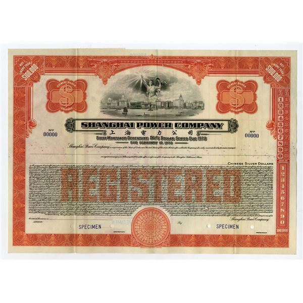 China. Shanghai Power Co., 1933, <$100,000 Chinese Silver Dollars Specimen Registered Bond