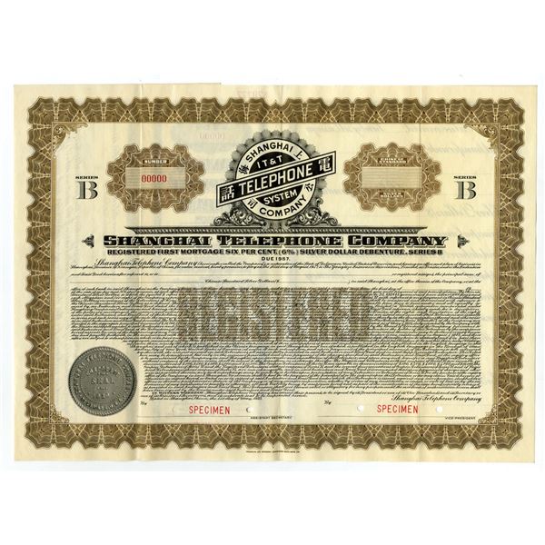 China. Shanghai Telephone Co. 1933 Specimen 6% Registered Silver Dollar Bond