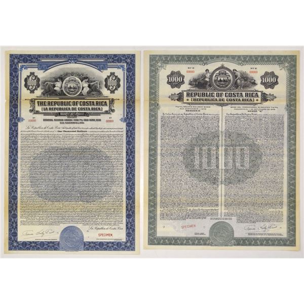 Costa Rica. Republic of Costa Rica, 1926 and 1927, Specimen Bond Pair.