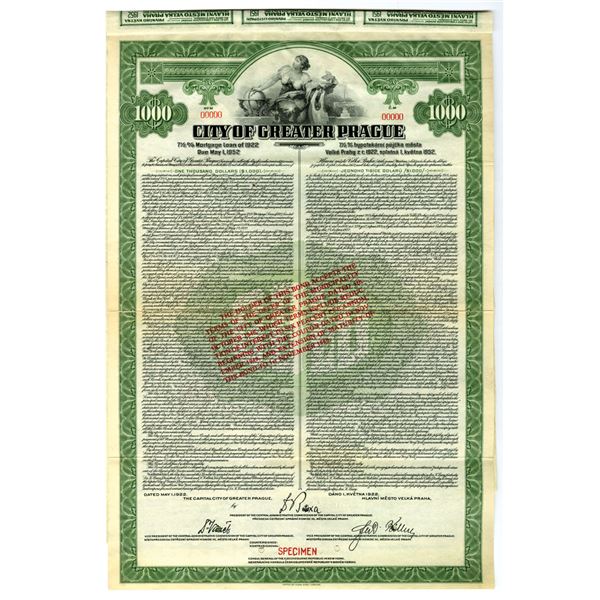 Czech Republic. City of Greater Prague, 1922, Specimen Bond.