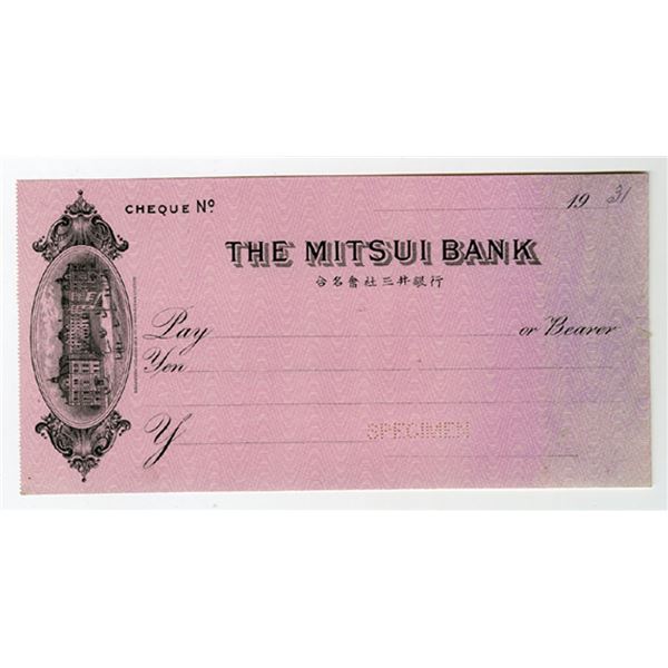 Japan. Mitsui Bank, 1900-1920s, BW&C Specimen Check.