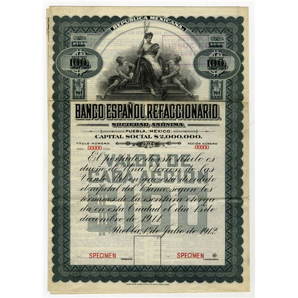 Banco Espanol Refaccionario, 1912 Specimen Share Certificate.
