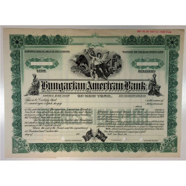 Hungary & NY. Hungarian American Bank of New York, ca.1910-1920 Specimen Stock Certificate