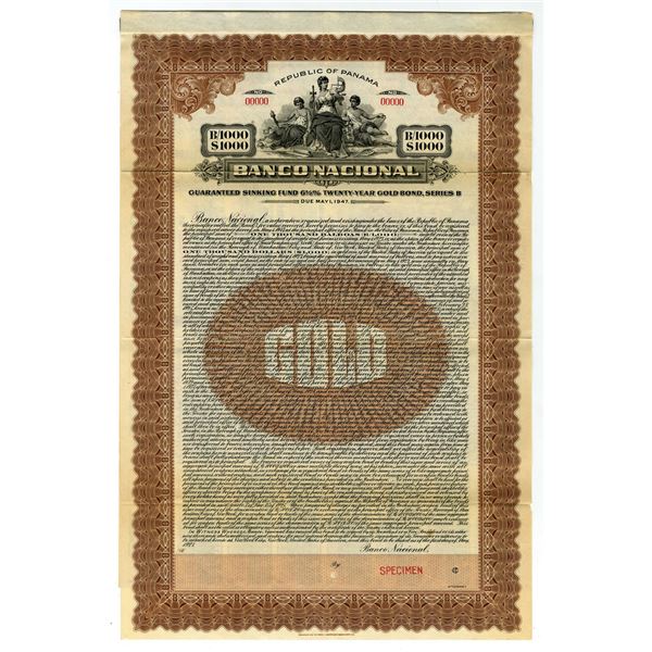 Panama. Banco Nacional, Republic of Panama, 1927, Specimen Gold Coupon Bond
