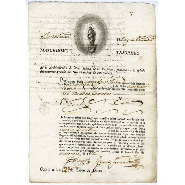 Peru. Lima, 1817 I/U ArchicofradÕa Dowry Document (500 Pesos).