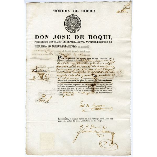 Peru. Lima, 1823 Copper Coinage Treasury Document (Signed by Jos_ de Boqui).