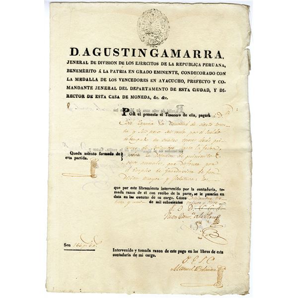 Peru. Cuzco, 1826 I/U Treasury Payment Document, Signed by General AgustÕn Gamarra, 4th and 7th Pres
