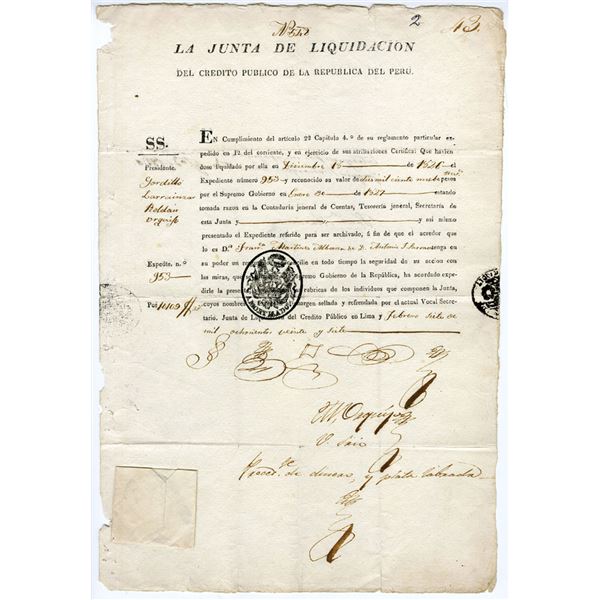 Peru. Lima, 1827 I/U Junta de LiquidaciÑn del Cr_dito PÏblico Document.