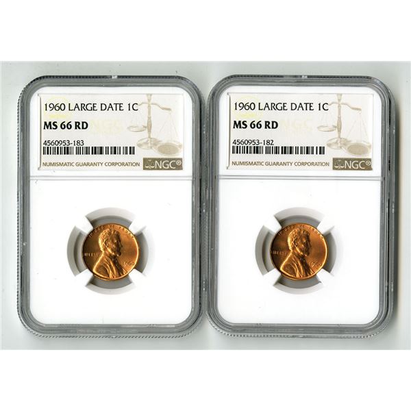 Lincoln 1 Cent 1960 Large Date NGC Graded MS 66 RD Pair.