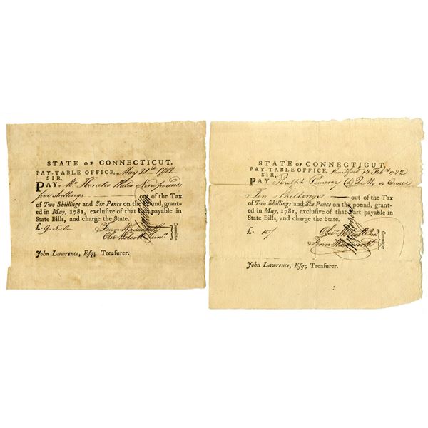 CT. Connecticut Pay-Table Office, 1782 Tax Warrant Pair