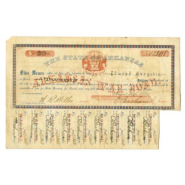AK. Arkansas War Bond. State of Arkansas, 1861, I/U Bond.