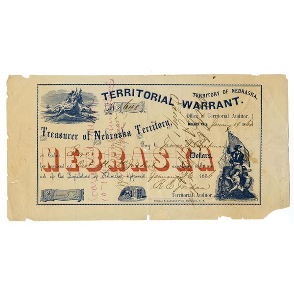 NE. Treasurer of Nebraska Territory Territorial Warrant, 1856 I/C , Certificate.
