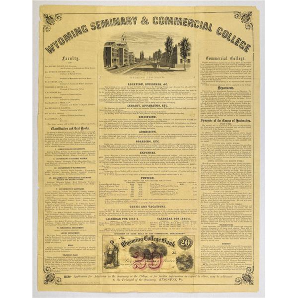 PA. Wyoming Seminary & Commercial College, Kingston, PA, ca.1860s Illustrated Broadside with $20 Wyo