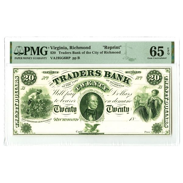 VA. Traders Bank of the City of Richmond, 1850-60s, (reprinted from original plates ca. 1960-80s), O