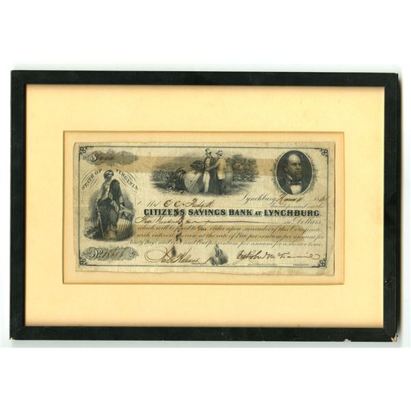 Virginia. Lynchburg, VA, 1861. $100 Citizens Savings Bank at Lynchburg Certificate (Confederate Era)