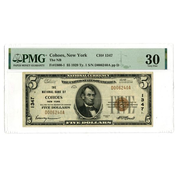 NY. National Bank of Cohoes, New York. $5 T1, Series of 1929, Ch#1347, Issued Banknote.