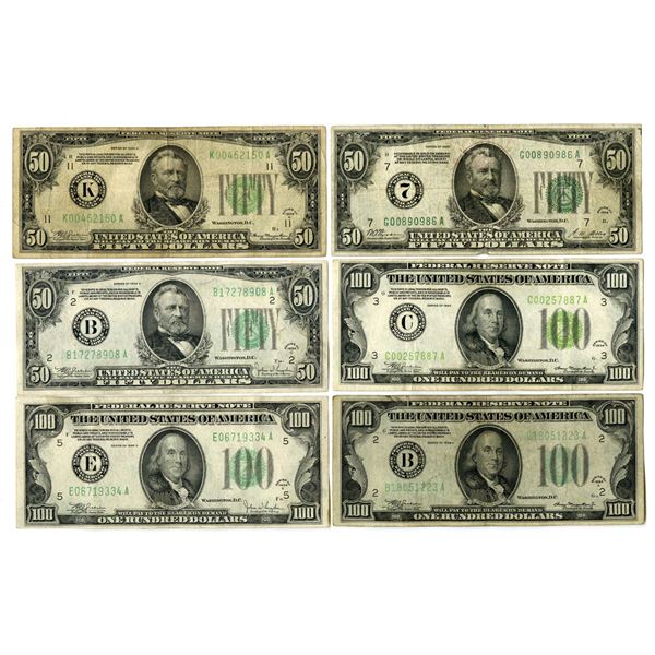 U.S., F.R.N., $50 and $100, Series of 1928 to 1934 Issued Banknote Assortment.
