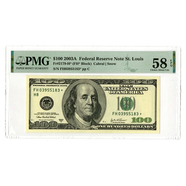 MO. F.R.N., $100, Series 2003A, Fr.# 2179-H*, Issued Star Note.