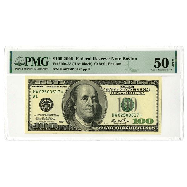 MA. F.R.N., $100, Series 2006, Fr.# 2180-A*, Issued Star Note.