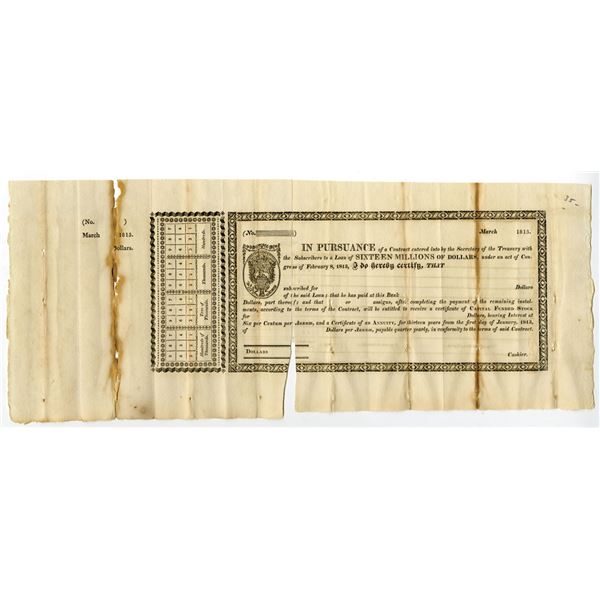United States Treasury Loan, 1813, War of 1812, U/U Certificate.