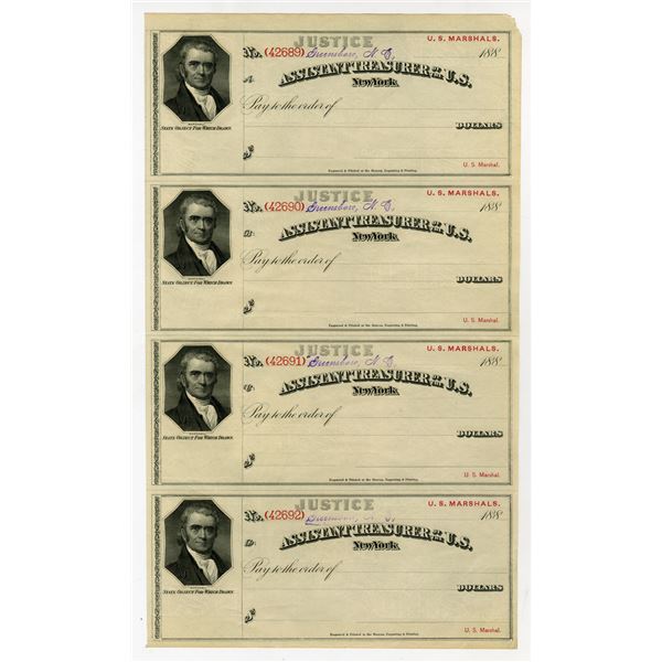 NC, Assistant Treasurer of the U.S., New York - Justice - U.S. Marshals, 1880s Uncut Sheet of 4 "U.S