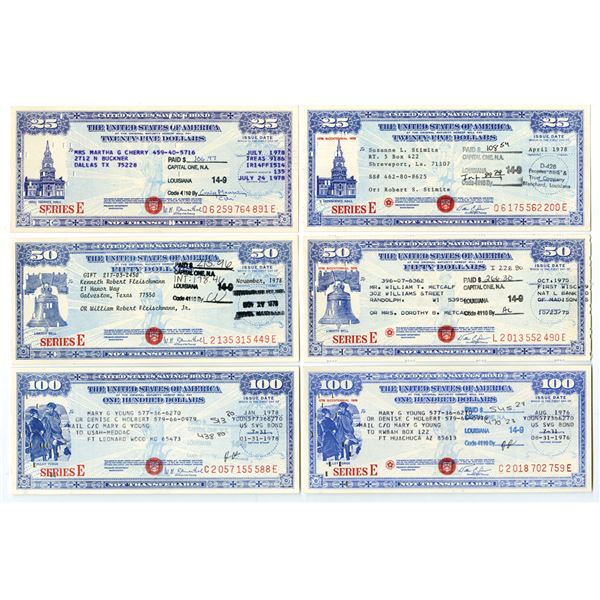 LA. U.S. Savings Bond, Series E "1776 Bicentennial 1976", 1978, Issued Bond Sextet.