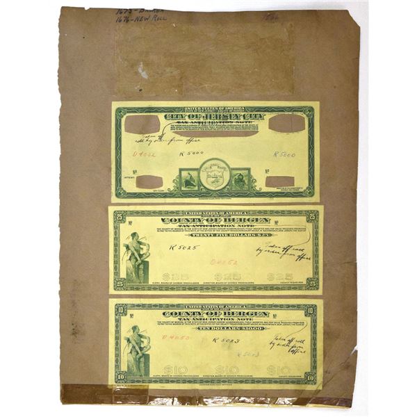 NJ. City of Jersey City and County of Bergen, ND (1930s), Proof Depression Scrip Tax Anticipation No