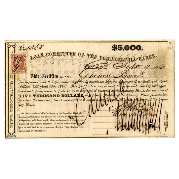 PA. Loan Committee of the Philadelphia Banks, 1864 I/C Clearing House Loan Certificate