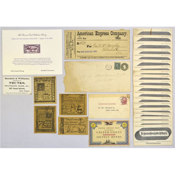 Advertising Cards, Colonial Currency Reproductions, and Ephemera Assortment, 1880s to 2024