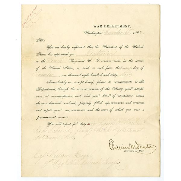 Washington, November 16, 1863. U.S. Colored Troops _ Civil War Officer Appointment Signed by Secreta