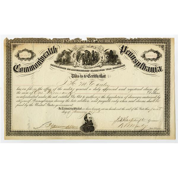 PA. Commonwealth of Pennsylvania,  1873, Issued Bond Signed by Major General Frederick Hartranft, Me