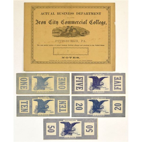 PA. Iron City Commercial College, 1866, Bliss System Student Checkbook and Currency Set