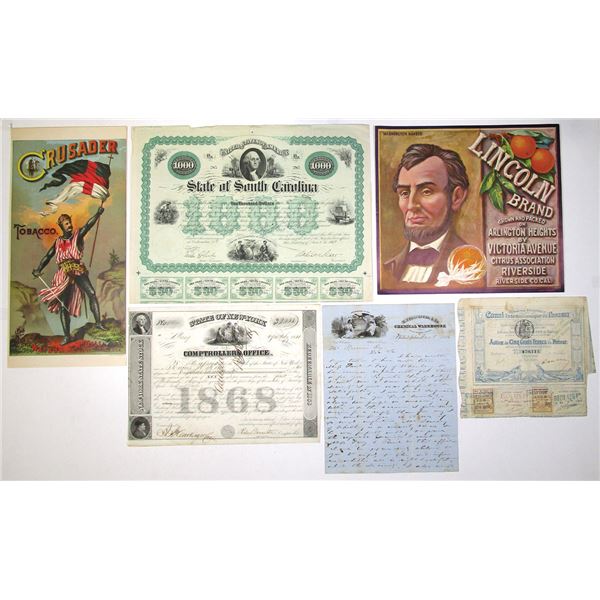 Tobacco and Fruit Box Labels, Correspondence, and Stock/Bond Collection, 1840s to 1880s