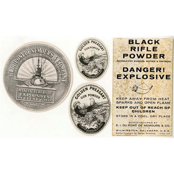 DE. Gun Powder Labels by E.I. DuPont de Nemours & Co., ca.1890 to 1915.