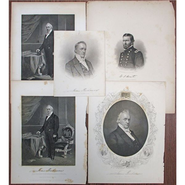 NY. Ulysses S. Grant and James Buchanan Vintage Engraved Portrait Quintet, ca.1850-60's.