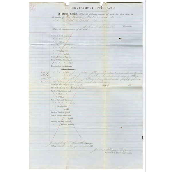 NY City Street Dept. Surveyor's Certificate, 1866 near the NY Public Library Signed by William "Boss