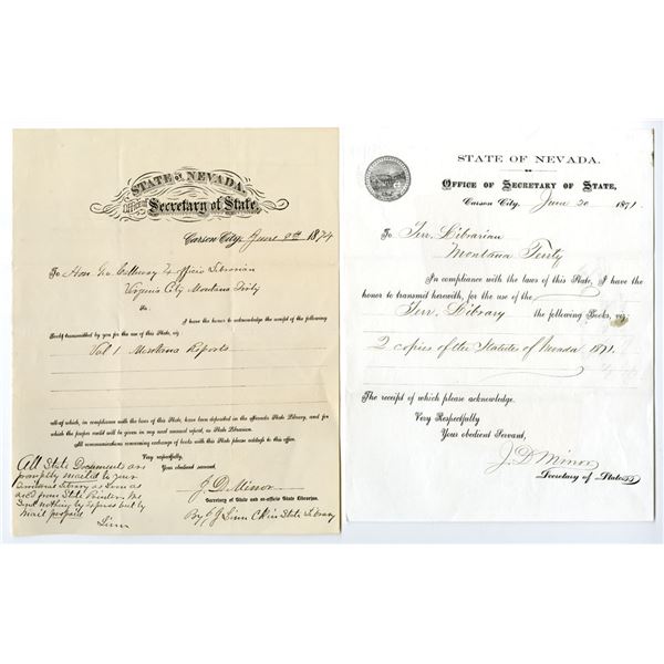 NV. State of Nevada, From the Office of the Secretary of State, 1871 & 1874, Document Pair.