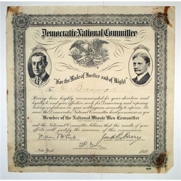 NY. Democratic National Committee, National Minute Men Committee, 1912, Member Certificate for elect